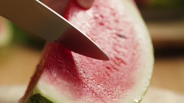 Man cutting watermelon - cut piece with knife. Young watermelons Citrullus lanatus. Topic - melons and gourds, farmer cultivation of watermelons