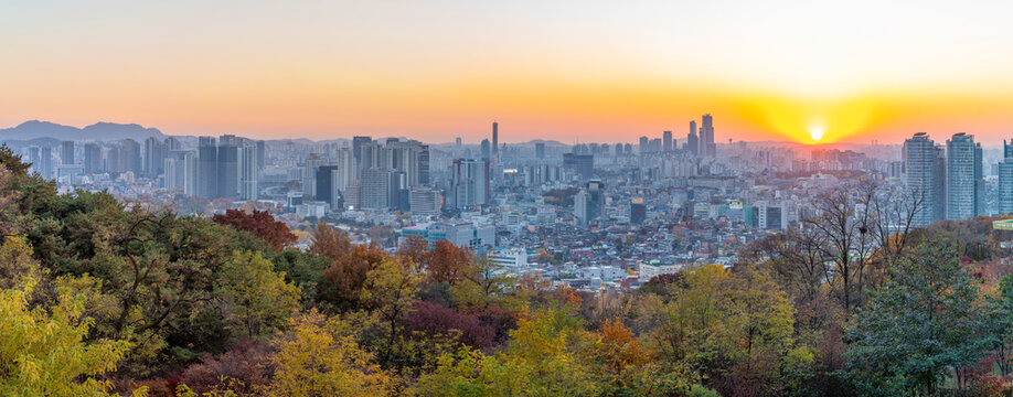 View of Seoul skyline from N Seoul Tower at sunset in autumn, Yongsan District, South Korea