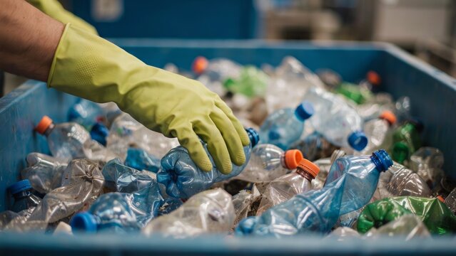 Worker sorting plastic bottles for recycling in a blue bin