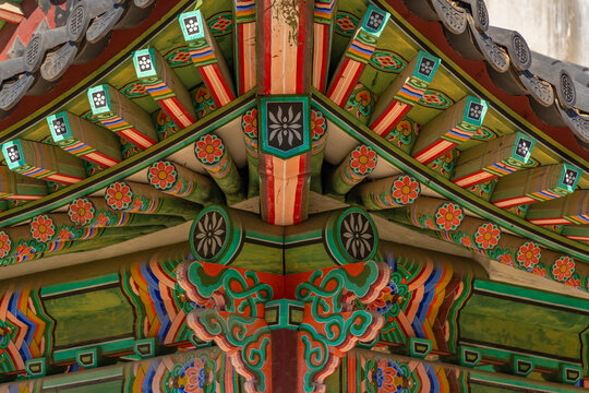 Colorful detail of Huijeongdang Gate at Daejojeon Hall in Changdeokgung Palace on sunny day in Jongno District Seoul South Korea