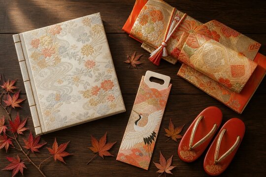 Shichi-Go-San keepsake flat lay with photo album kimono sash candy bag and maple leaves on walnut