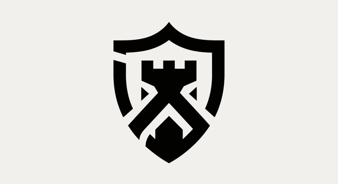Black shield logo with crossed axes with axes white background castle crossed protection security strength graphic symbol emblem design with icon