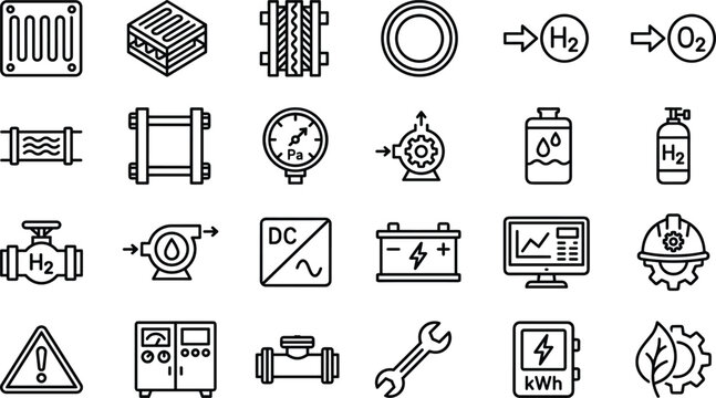  Hydrogen fuel cell vector icon set with green energy electrolyzer infrastructure and clean technology line art elements isolated on white background