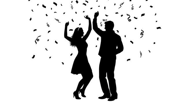 Couple celebrating with confetti with silhouette man woman dancing together surrounded falling confetti entertainment celebration background
