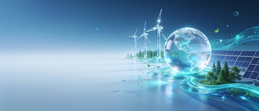 Futuristic digital globe with interconnected energy networks and green technology against cosmic background