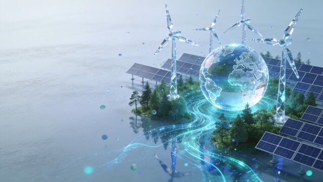 Futuristic renewable energy ecosystem with solar panels and interconnected digital globe
