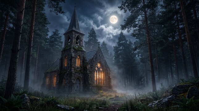 Mystical Gothic Chapel in Moonlight: An ancient, gothic chapel shrouded in mist and moonlight, nestled deep within an enchanted forest, emanating an aura of mystery and serenity.