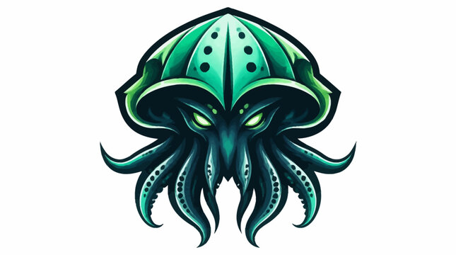 Green Kraken Monster Head with Tentacles and Glowing Eyes.