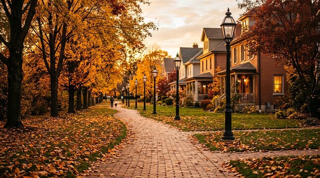 Picturesque autumn street scene with colorful fall foliage, charming residential houses, and a winding brick pathway lined with vintage street lamps at sunset, Professional Commercial Photography