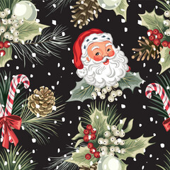 Obraz premium Santa Claus, mistletoe, fir branch, cone, candy cane seamless pattern. Winter holiday wallpaper. 
