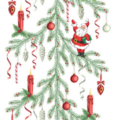 Fototapeta premium Santa Claus, Christmas tree, serpentine, candy cane, candle and ball seamless pattern. Merry Christmas, New Year wallpaper.