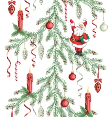 Santa Claus, Christmas tree, serpentine, candy cane, candle and ball seamless pattern. Merry Christmas, New Year wallpaper. © good_mood