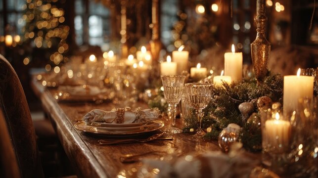 candlelit Christmas dinner with festive table settings