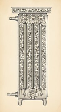 A vintage-style illustration of an ornate radiator with intricate designs