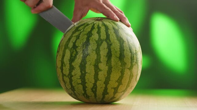 Man cutting watermelon - cut piece with knife. Young watermelons Citrullus lanatus. Topic - melons and gourds, farmer cultivation of watermelons