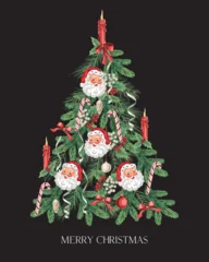 Santa Claus, candy cane, candle, bow, serpentine, fir branch, Christmas tree. Winter poster. © good_mood