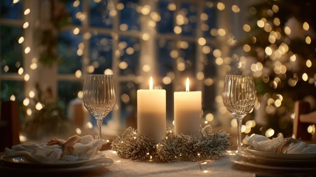 candlelit dinner for two with Christmas decorations and soft bokeh lights,