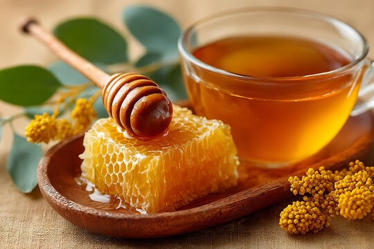 A close-up shot of fresh honeycomb with a wooden dipper next to a warm cup of herbal tea.