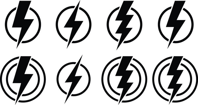 Set of black lightning bolt and electricity icons in circle frame.