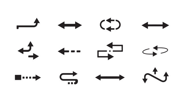 Comprehensive set of functional arrow icons representing movement flow and process transitions.