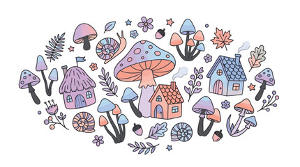 Fototapeta premium Whimsical fairytale mushroom village with cute houses and snails.