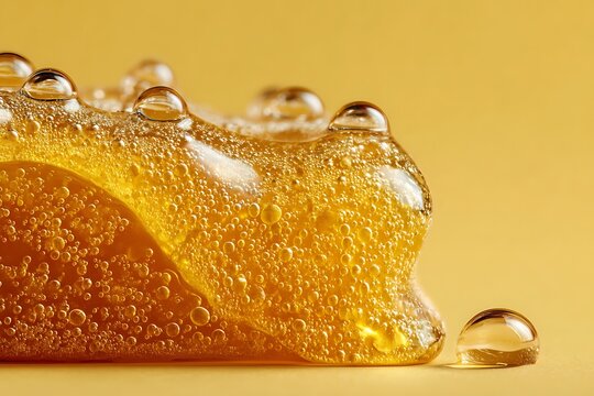 A macro shot of thick golden liquid with numerous air bubbles and a single droplet on a yellow background.