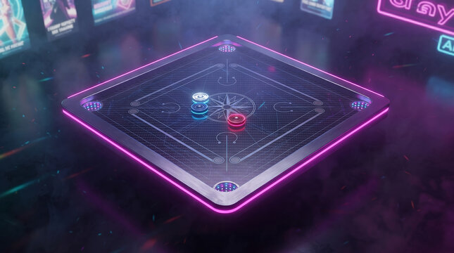 A digital illustration of a futuristic cyberpunk design carrom board with holographic pieces.