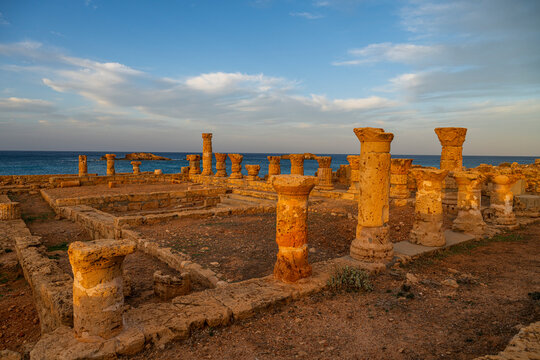 Ruins of Apollonia in Eastern Libya show ancient Greek architecture and a view of the sea