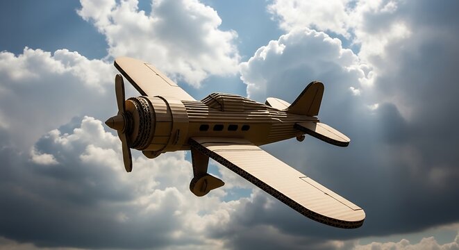 A vintage airplane flies through a dramatic cloudy sky