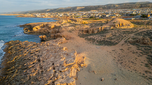 View of the ancient city Apollonia from the sky showing coastal landscape and ruins in eastern Libya