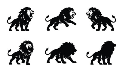 Naklejka premium Majestic Lion Silhouettes, Powerful King of the Jungle Vector Icons, Bold Animal Graphics for Branding and Design