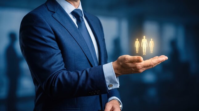 Artificial intelligence coworker concept with businessman holding glowing human figures
