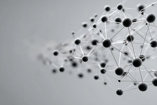 Abstract 3D render of a complex molecular structure with black spheres and thin connections on a grey background.