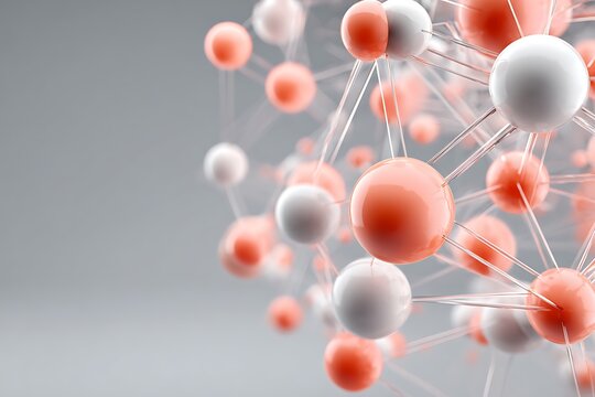Abstract 3D render of a molecular structure with coral and white spheres connected by thin lines on gray background.