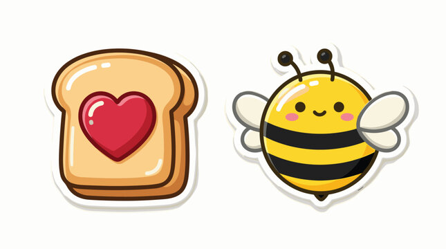 White bordered bee and heart toast sticker illustration.