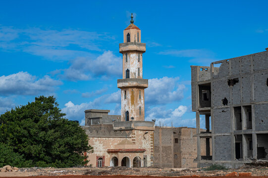 War-torn buildings near the lighthouse in Benghazi showing signs of conflict in Eastern Libya