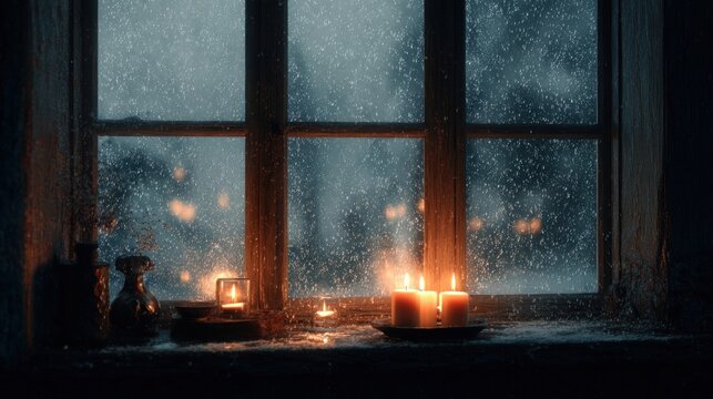 candlelit window with gentle snowfall outside,