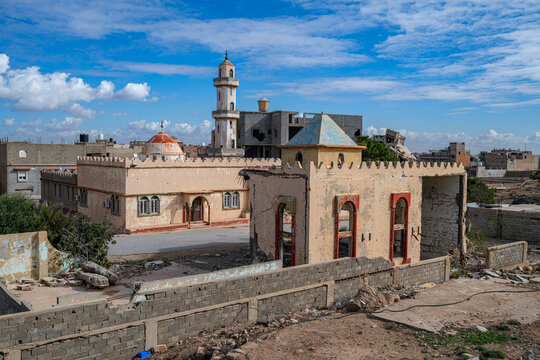 War damaged buildings around the Benghazi Lighthouse in Eastern Libya show signs of conflict and neglect over time