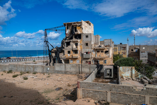 Destruction of buildings near the Benghazi Lighthouse in Eastern Libya following armed conflict