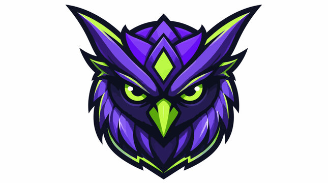 Stylized Purple Owl Head With Green Accents.