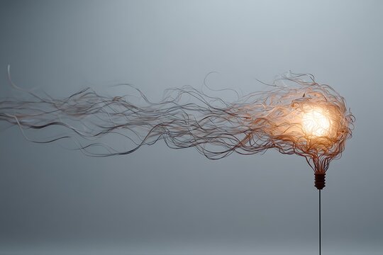 A conceptual digital illustration of a glowing light bulb formed by tangled wires flowing dynamically across a gray background.