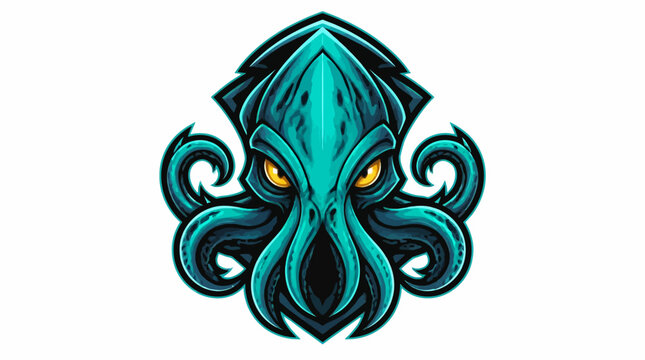 Stylized Teal Kraken Monster with Yellow Eyes.