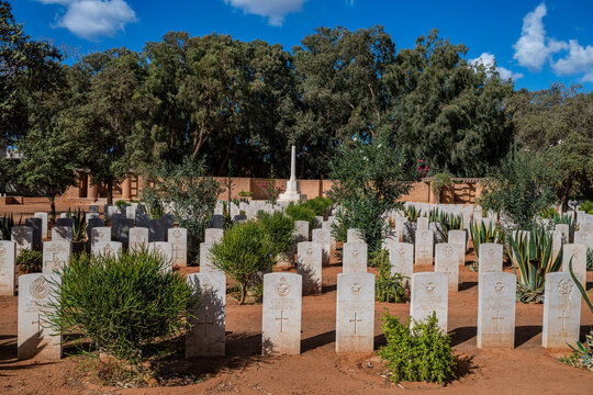 British World War 2 cemetery honors fallen soldiers in Benghazi, Libya during a sunny day