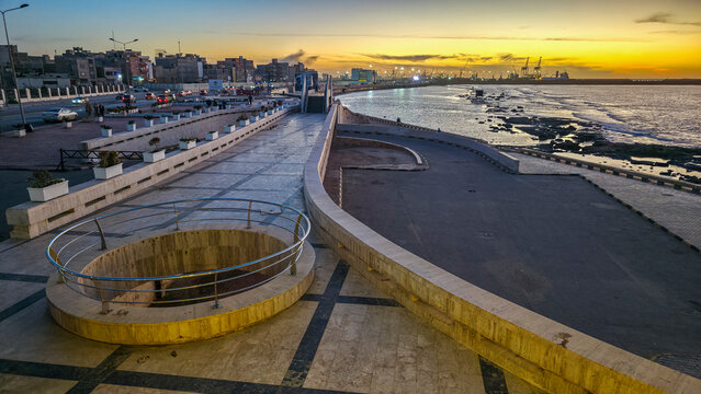 Sunset view over the waterfront in Benghazi shows the coastline and city skyline in Libya