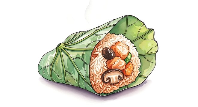 A vibrant illustration of a triangular-shaped food wrapped in a green leaf, revealing a savory filling of rice, meat, and mushrooms