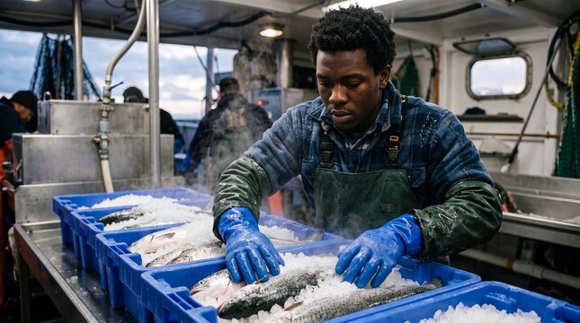 seafood worker fish processing ice storage commercial fishing vessel crew Focused deckhand packs fresh catch in chilled bins showing cold chain care hygiene teamwork and dependable seafood supply