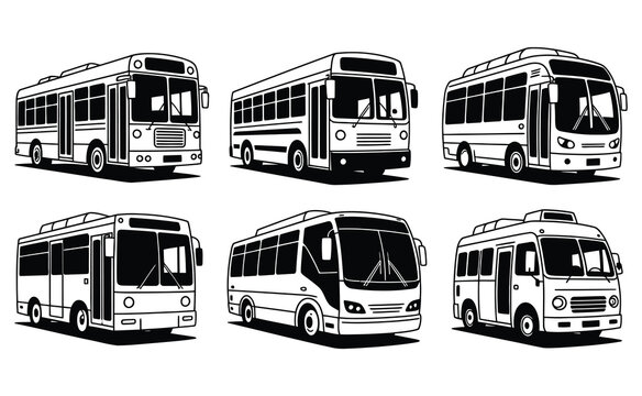 Collection of six diverse modern and vintage bus illustrations with black outlines and white bodies isolated on a clean background