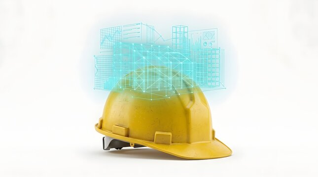 Bright yellow hard hat with a glowing blue digital building project design graphic rendering, conceptualizing modern construction and future planning for commercial use.