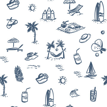 Hand drawn  doodle set of summer beach elements including a palm tree, sand castle, sun, seamless pattern
