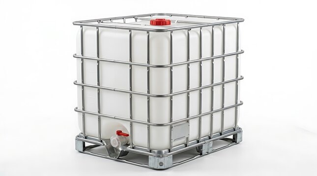 Large plastic liquid storage tank with metal frame cage on a pallet for industrial chemical transport. ibc container